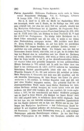 280-281 [Rezension] Clementis Romani Epistulae de virginitate eiusdemque Martyrium. Epistulae Pseudoignatii. Ignatii Martyria. Fragmenta Polycarpiana. Polycarpi vita