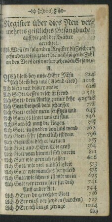Register über dies Neu vermehrtes geistlichen Gesangbuch/ auff die zahl der Blätter gerichtet.