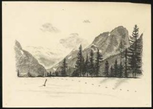 Skizze: Bergsee mit Gebirge im Hintergrund