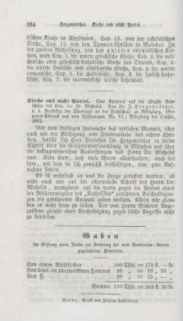 384 Gaben für Stiftung eines Fonds zur Dotierung der vom Bonifacius-Verein gegründeten Pfarreien