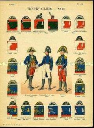Uniformdarstellung, Generalleutnant, Oberkommandant und General der Alliierten Sächsischen Regimenter, Detailstudien von Kopfbedeckungen und Abzeichen der Alliierten Sächsischen Regimenter, Frankreich, 1806/1810.