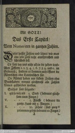 Das Erste Capitel, Vom Numeriren in ganzen Zahlen