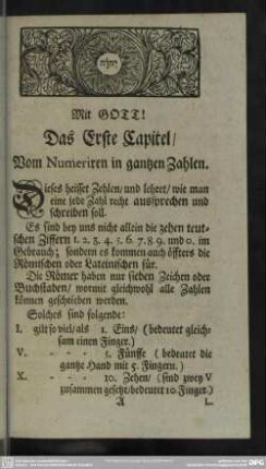 Das Erste Capitel, Vom Numeriren in ganzen Zahlen
