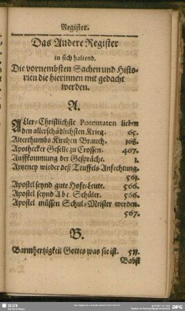 Das Andere Register in sich haltend. Die vornembsten Sachen und Historien die hierinnen mit gedacht werden