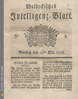 No. 2. Dienstag den 29ten Oct. 1776