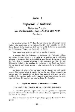 261-264, Section I: Prophylaxie et Traitement. Résumé des Travaux