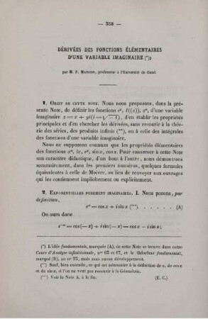 Dérivées des fonctions élémentaires d´une variable imaginaire.