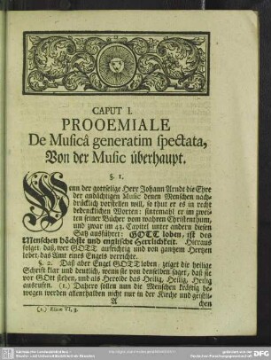 Caput I. Prooemiale De Musica generatim spectata, Von der Music überhaupt