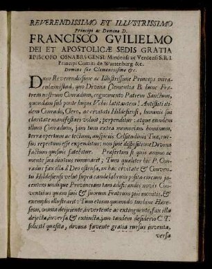 Reverendissimo Et Ilustrissimo Principi ac Domino D. Francisco Guilielmo Dei Et Apostolicæ Sedis Gratia Episcopo Osnabrugensi [...]