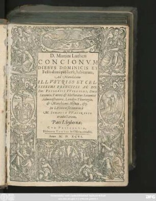 D.Martini Lutheri || CONCIONVM || DIEBVS DOMINICIS ET || Festis domi publiceq́; habitarum,|| Ad Mandatum || ILLVSTRISS: ... || FRIDERICI VVILHELMI,Ducis || Saxoniae ... || In Latinum sermonem à || M.IOHANNE VVANCKELIO || traductarum,|| Pars I.hyberna;||