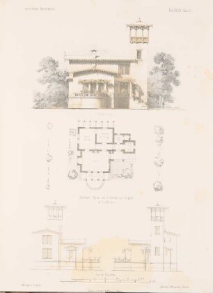 Sommerhaus am Strand, Hapsal: Grundriss, Vorderansicht, Seitenansichten (aus: Architektonisches Skizzenbuch, H. 34, 1858)