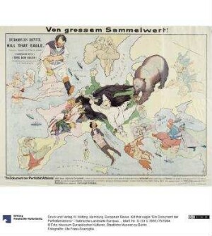 European Revue. Kill that eagle."Ein Dokument der Perfidität Albions" - Satirische Landkarte Europas während des Ersten Weltkrieges.