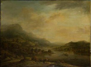 Reiche Flusslandschaft, im Vordergrund ein Maultiertreiber