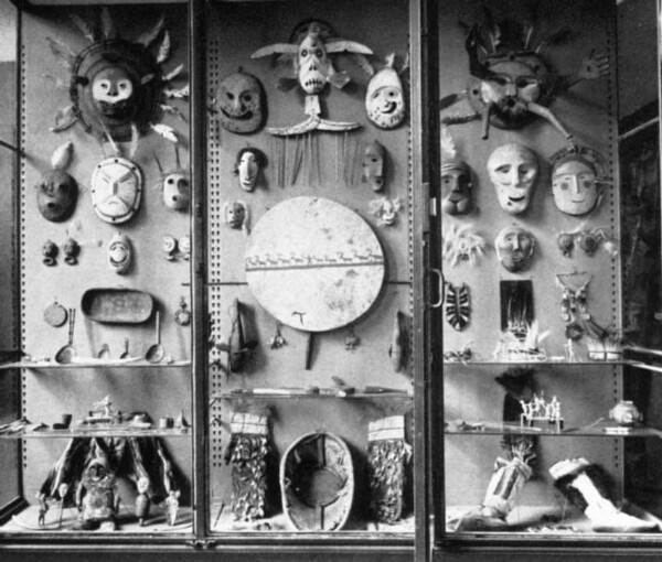 Cabinet with masks and other ethnographic artefacts from Alaska in the America exhibition (picture 2)