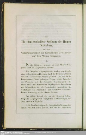 III. Die staatsrechtliche Stellung des Hauses Schönburg nach dem Garantiebeschlusse der Europäischen Grossmächte auf dem Wiener Congresse