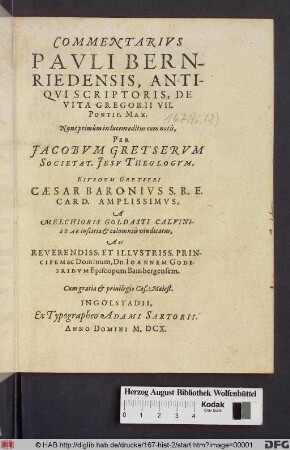 Commentarius Pauli Bernriedensis, Antiqui Scriptoris, De Vita Gregorii VII. Pontif. Max.