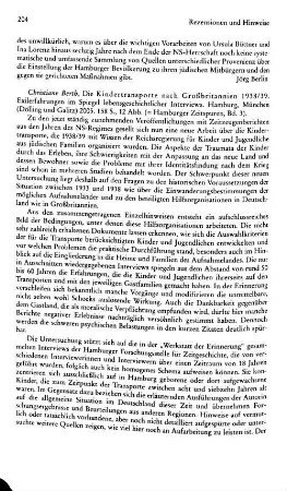 Berth, Christiane :: Die Kindertransporte nach Großbritannien 1938/39, Exilerfahrungen im Spiegel lebensgeschichtlicher Interviews, (Hamburger Zeitspuren, 3) : Hamburg u.a., Dölling und Galitz, 2005