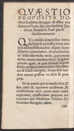 Quaestio Proposita Doctori Ioachimo Struppio ab affine eius Iohanne Paulo ...