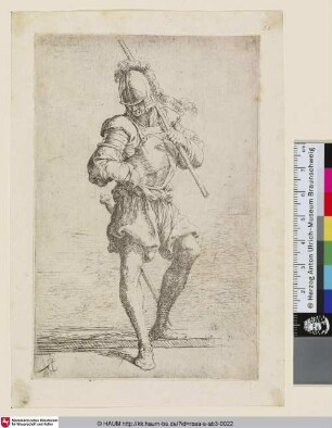 [A warrior holding a staff over his shoulder and stepping off a low ledge; Krieger, der einen Stab über seiner Schulter trägt und eine niedrige Stufe hinabsteigt] [Soldier, standing, looking at the ground; Stehender Soldat, zum Boden blickend]