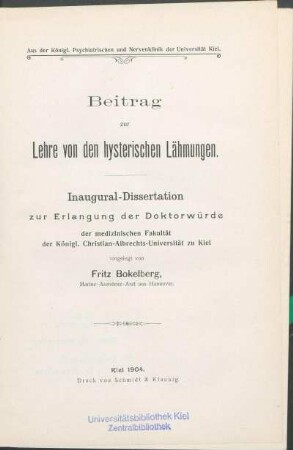 Beitrag zur Lehre von den hysterischen Lähmungen