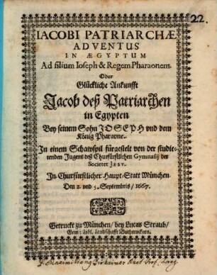 Jacobi Patriarchae Adventus in Aegyptum ad filium Joseph et regem Pharaonem : [Periocha]