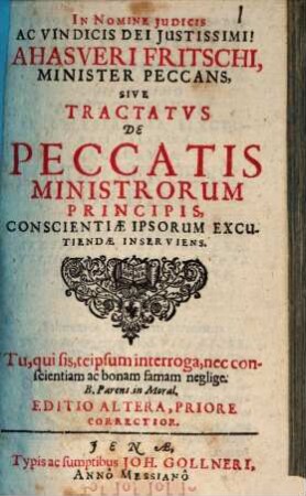 Minister peccans : sive tractatus de peccatis ministrorum principis, conscientiae ipsorum excutiendae inscriviens