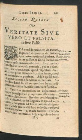 Sectio Quinta. De Veritate Sive Vero Et Falsitate sive falso.