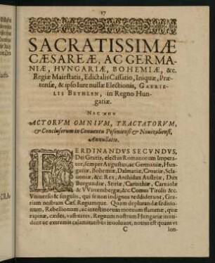 17-30, I. Sacratissimae Caesareae, ac Germaniae, Hungariae, Bohemiae...