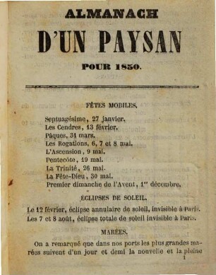 Almanach d'un paysan. 1850