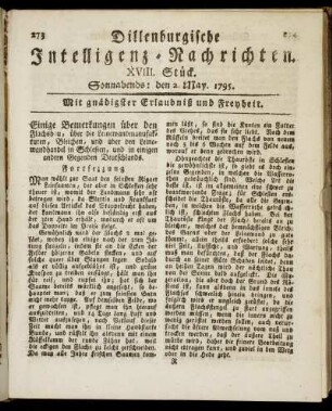 XVIII. Stück. Sonnabends: den 2. May. 1795.