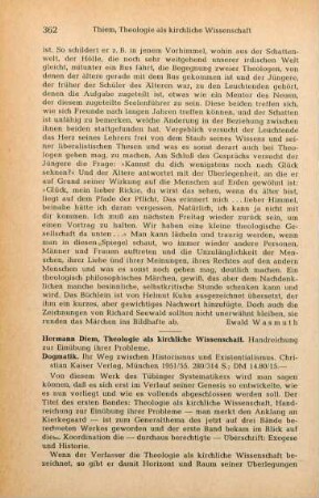 362-364 [Rezension] Diem, Hermann, Theologie als kirchliche Wissenschaft