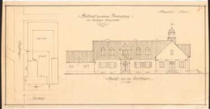 Vereinshaus Monatskonkurrenz Dezember 1920: Lageplan 1:400, Aufriss Vorderansicht 1:100
