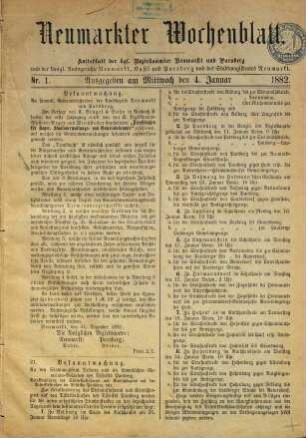 Neumarkter Wochenblatt : nationale Tageszeitung für die südwestliche Oberpfalz ; ältestes Heimatblatt ; Neumarkter Volkszeitung. 1882