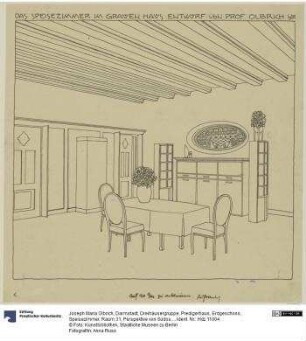 Darmstadt, Dreihäusergruppe; Predigerhaus, Erdgeschoss, Speisezimmer, Raum 31, Perspektive von Südosten