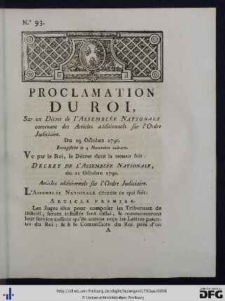 Proclamation Du Roi, Sur un Décret de l'Assemblée Nationale, contenant des Articles additionnels fur l'Ordre Judiciaire.