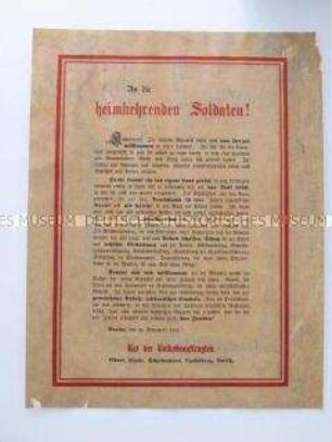 Maueranschlag mit dem Aufruf des Rates der Volksbeauftragten an die heimkehrenden Truppen
