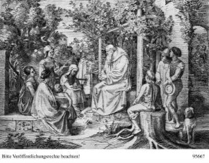 Mönch, Kinder und Jugendliche in Gartenlandschaft lehrend