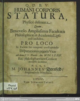 Humani corporis statura physice delineata : pro loco submittet Johannes Dornfeld