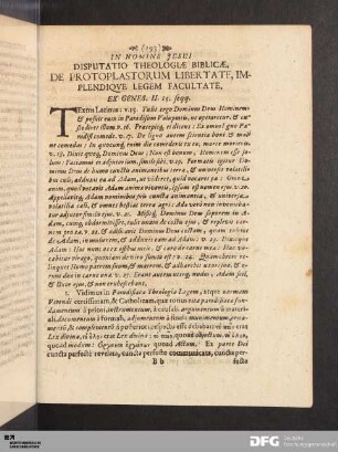 Disputatio Theologiae Biblicae, De Protoplastorum Libertate, Implendique Legem Facultate.