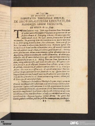 Disputatio Theologiae Biblicae, De Protoplastorum Libertate, Implendique Legem Facultate.