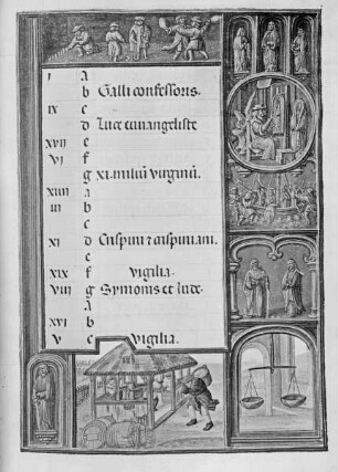 Gebetbuch mit Kalendarium — Buchseite mit Monatsbild Oktober und Tierkreiszeichen, Folio 14recto