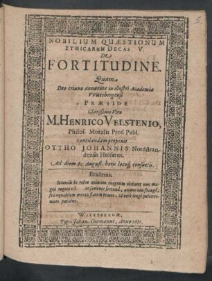 Nobilium Quaestionum Ethicarum Decas V. De Fortitudine