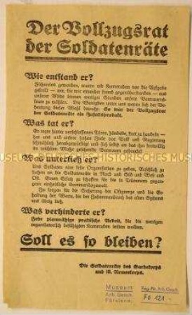 Flugblatt der Soldatenräte des Gardekorps und III. Armeekorps gegen den Vollzugsrat der Soldatenräte