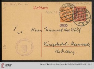 Briefe von Curt Herbst an Max Wolf: Karte von Curt Herbst an Max Wolf
