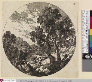 [Landschaft mit Wanderern und einem Reiter]