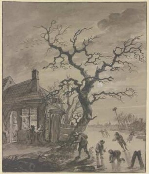 Winterlandschaft im Mondschein mit Schlittschuhläufern bei einem beleuchteten Haus und einem kahlen Baum