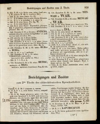 Berichtigungen und Zusätze zum 3ten Theile des althochdeutschen Sprachschatzes.