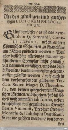 An den günstigen und guthertzigen LECTOREM PHILOCHEMICUM.