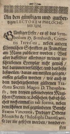 An den günstigen und guthertzigen LECTOREM PHILOCHEMICUM.