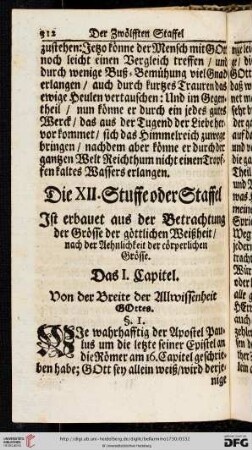 Die XII. Stuffe oder Staffel ist erbauet aus der Betrachtung der Groesse der goettlichen Weißheit, nach der Aehnlichkeit der coerperlichen Groesse